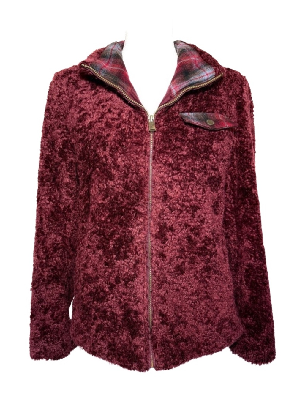 Pendleton Burgundy Sherpa Teddy Plaid Coat Women Size Medium